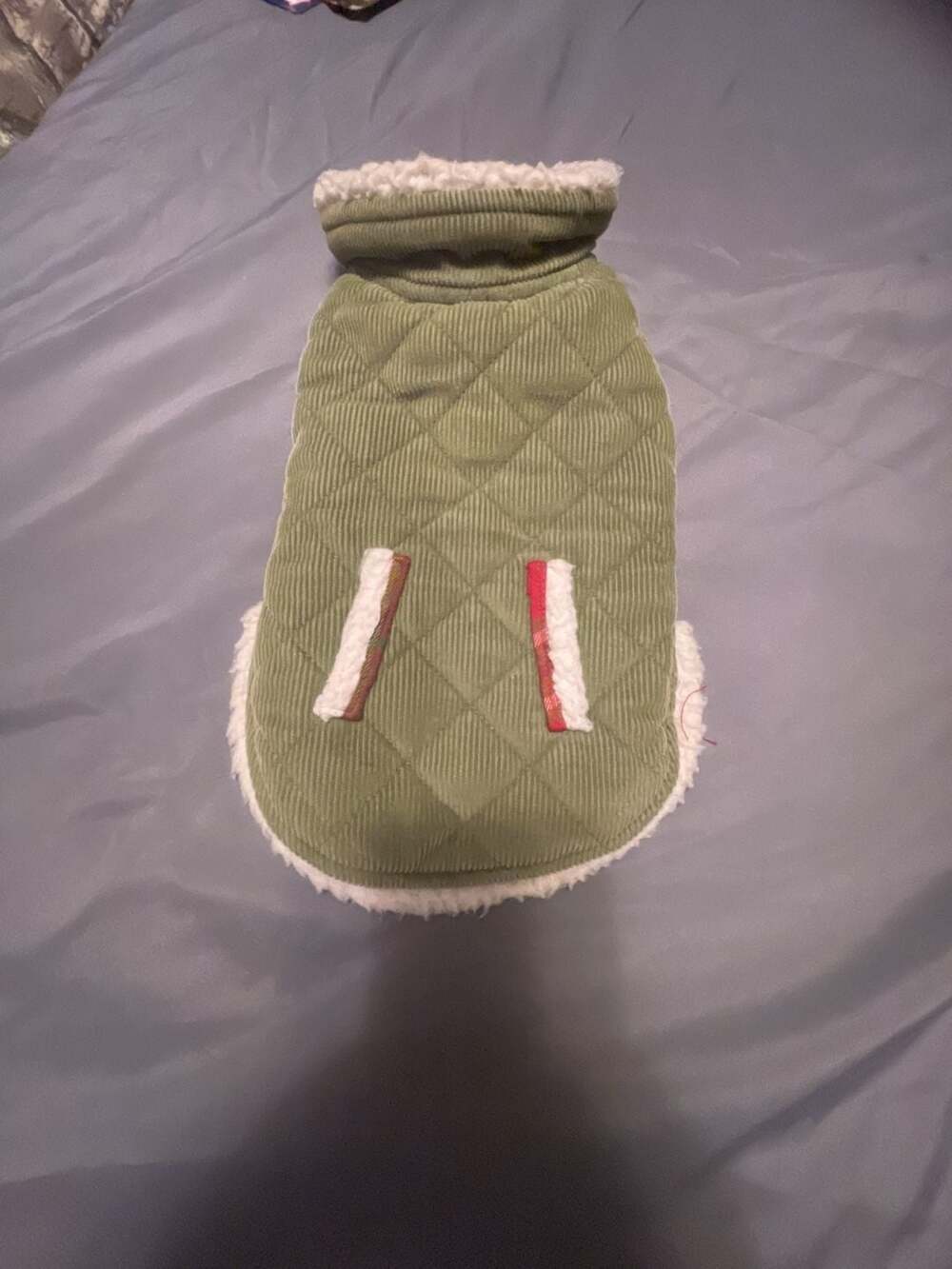 Quilted Green Corduroy Dog Winter Vest with Plaid Lining and Sherpa Trim